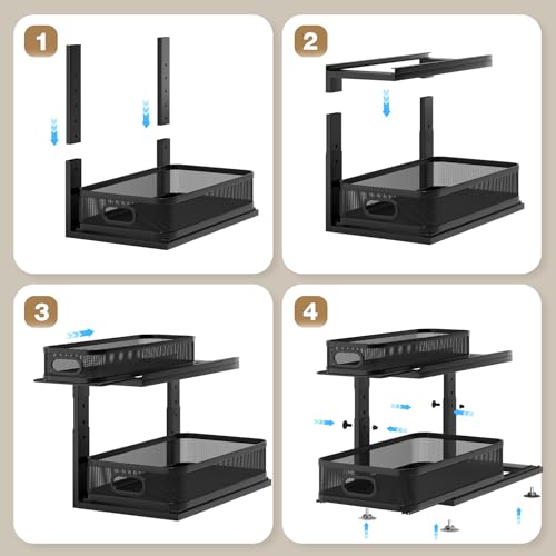 2 Pack 18.5IN-Depth Under Sink Organizer With Next-Gen Ball-Bearing Slides,2-Tier Precision Mesh Pull Out Cabinet Storage for Bathroom&Kitchen,Height Adjustable Drawers Shelf,Anti-rust-Black - color: Black, size: 2 Pack-18.5"Dx12.4"-16.5"H