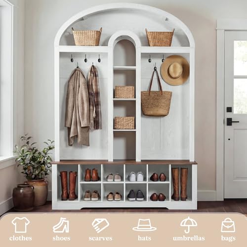 YITAHOME 59" W Hall Tree with Shoe Storage, Arched Entryway Bench with Coat Rack, 10 Shoe Cubbies Shelves & 10 Coat Hooks, Shoe Storage Bench for Entryway Hallway,White - color: White, size: 59"+ Storage Bench