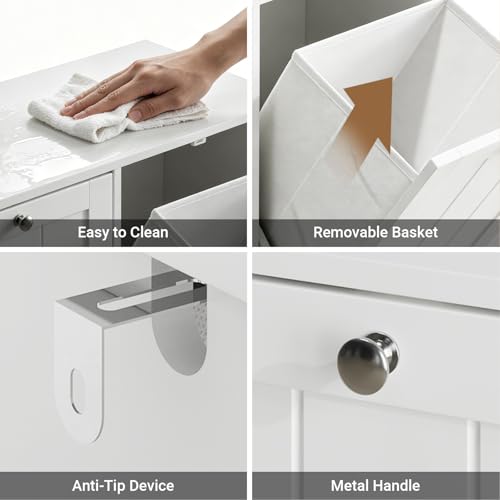 Haotian Tilt Out Trash Can Cabinet, Hidden Trash Can Cabinet with 2 Removable Bags, Double Laundry Hamper Cabinet, Narrow Storage Organizer for Kitchen, Bathroom, and Bedroom White DJ BZR001