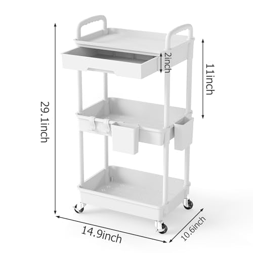 3 Tier Rolling Utility Cart with Drawer, Plastic Storage Organizer Rolling Carts with Wheels Handles Hanging Cups Hooks for Office, Bathroom, Kitchen,Craft Art Room (White) - color: White, size: 3-Tier