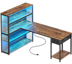 PRAISUN 57 Inch L Shaped Gaming Computer Desk with Larger Open Cabinet, Reverisble Office Desk with Power Outlets, LED Lights, Work Desk, Fabric Drawer, Adjustable Wood and Mesh Shelf, Rustic Brown - color: Rustic Brown