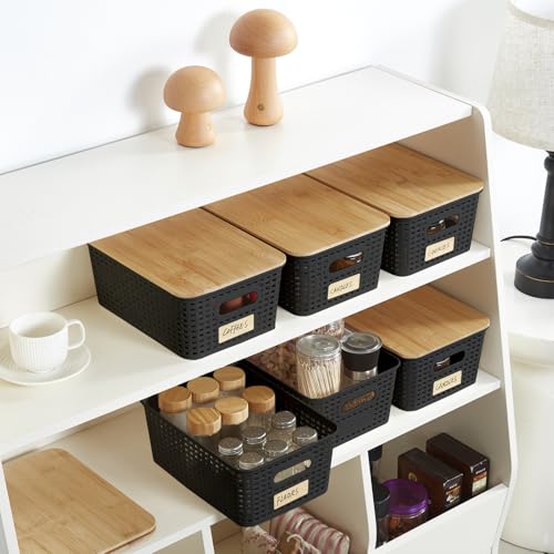 Bagnizer Small Plastic Storage Bins with Bamboo Lids 5.2qt Stackable Box Basket Pantry Decorative Containers Cute with Lable for Organizing Desktop Closet Office Black of 6 packs 10 * 7.2 * 4.1" - color: Black, size: Small- 6 Pack