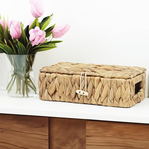 Small Basket with Lid, Wicker Storage Basket for Organizing, Rectangular Woven Basket for Storage, Water Hyacinth Decorative Boxes Bins with Lids (9" x 5.1" x 3") - size: 9" x 5.1" x 3"