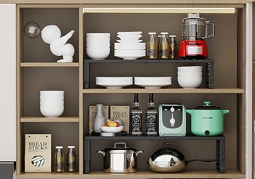 Jojocross Expandable Adjustable Stackable Kitchen Organizer, Spice Rack,Metal Pantry Storage Shelves Racks,Counter Shelf for Cabinets, Countertop, Cupboard(2 Packs/Medium/Black) - color: 2 Packs/Black, size: 7.87"D x 16.6"~26.5"W x 6.1"/7.5"H