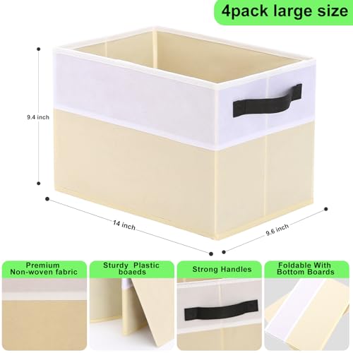 Large Shelf Storage Bins [4 Pack],Decorative Collapsible Storage Basket,Fabric Closet Organizer and Home Storage Cubes with Handles for Organizing Books, Clothes, Toys, Nursery（Beige） - color: Beige 4 Pack