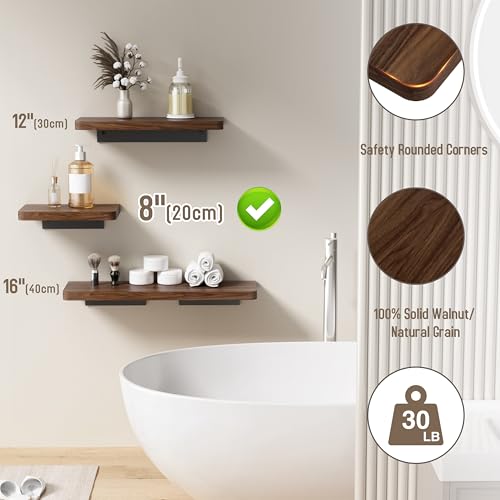 Danpoo Solid Walnut Floating Shelf, 8 inch Small Natural Wood Wall Mounted Shelf for Bathroom, Kitchen, Bedroom, Living Room, Farmhouse Decor - color: Black, size: 8 inch