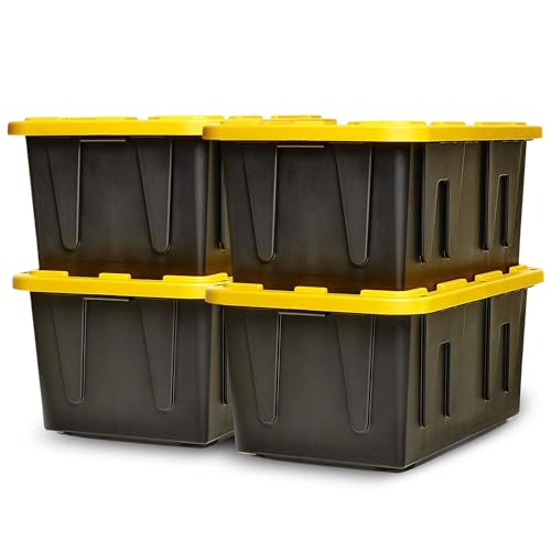 HOMZ 4-Pack Durabilt Tote, Heavy Duty Plastic Storage Bins with Lids, 27 Gallon, Black/Yellow - Stackable Organizing Containers for Home, Garage, and Shed - color: Black Base/Yellow Lid, size: 27 Gallon (Pack of 4)