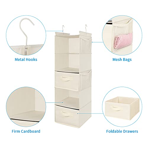 MAX Houser 5 Tier Shelf Hanging Closet Organizer, Cloth Hanging Shelf with 2 Sturdy Hooks for Storage, Foldable (Beige-D2) - color: Beige