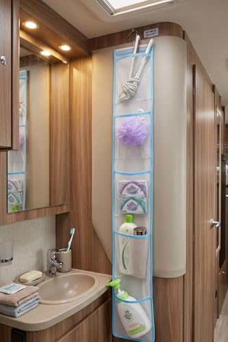 ALYER Narrow Mesh Fabric Shower Caddy Organizer with Hanger,Hanging Mesh Pockets for Shampoo, Conditioner, Soap and Body Wash (Blue) - color: Blue-hanger