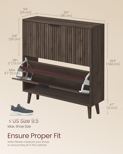 VASAGLE MAXE Collection - Shoe Storage Cabinet with 2 Flip Drawers, Freestanding Narrow Shoe Rack Organizer for Entryway, Fluted Doors, Fits 12-16 Pairs, Mid Century Modern, Walnut Brown UHSC202KF02S - color: Walnut Brown, size: 9.4"D x 34.2"H, style: 3 F