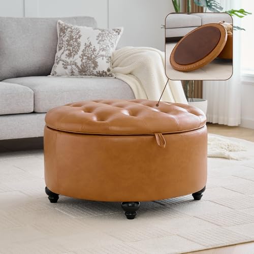 WUTUTUEE 30Inch Round Storage Ottoman with Tray, Modern Tufted Leather Circle Coffee Table with Storage, Upholstered Ottoman with Removable Top for Living Room, Bedroom, Leather Brown - color: Leather Brown, size: 30 Inch
