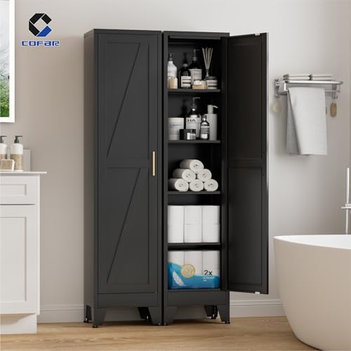 COFaR 67'' Tall Slim Bathroom Storage Cabinet, Metal Narrow Pantry Cabinet with 4 Adjustable Shelves and One Door, Skinny Cabinet Storage for Kitchen Laundry, Black Farmhouse 5 Tiers - color: Black, size: 67 Tall 1 Door