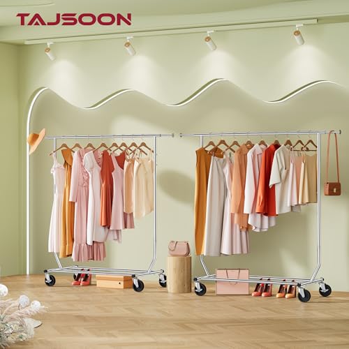Tajsoon Clothing Rack Heavy Duty Clothes Racks Foldable Garment Rack with Wheels and Extendable Rod, Collapsible Clothing Rack Max Capacity 250lbs, Industrial Rolling Racks with Bottom Shelf, Chrome - style: Single Rod Commercial