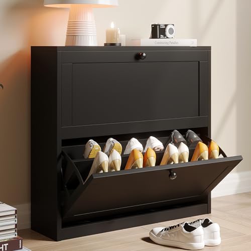 VOWNER Shoe Cabinet with 2 Flip Drawers, Freestanding Shoe Storage Cabinet with Adjustable Shelf & Anti-Tipping Device, Shoe Rack for Entryway, Hallway, Living Room (Black) - color: Black
