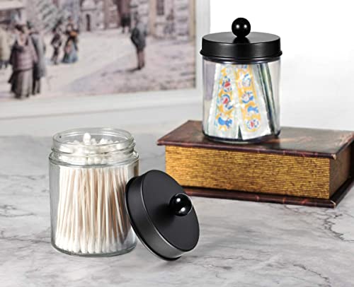 Amolliar 4 Pack Apothecary Jars Bathroom Vanity Storage Organizer Set -Countertop Canister with Stainless Steel Lids &Cute Stickers - Qtip Dispenser Holder for Qtips,Cotton Swabs,Makeup Sponges(Black) - color: Black