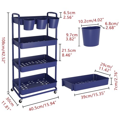 JIUYOTREE 4-Tier Plastic Rolling Storage Cart Utility Cart with Extra Hanging Cups Handles Lockable Wheels for Living Room Bathroom Kitchen Office Blue - color: Blue, size: 4-Tier