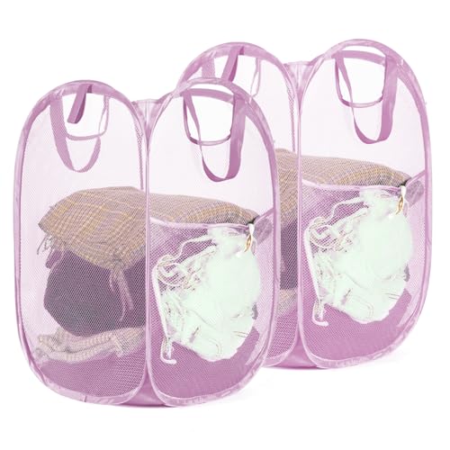 2 Pack Strong Mesh Pop-up Laundry Hamper, Quality Pop Up Hampers for Laundry with Durable Handles Solid Bottom High Carbon Steel Frame, Easy to Open and Fold Flat for Storage(Light Pink) - color: Light Pink, size: 2-Pack