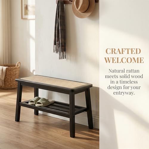 ROCITY Black Rattan Entryway Bench Wood Bench with Shoe Rack 30 Inch Small Bench Seat Storage Indoor Wooden Dining Bench Farmhouse Vintage Rustic Accent Bench for Porch/Dining Room/Living Room - color: Black