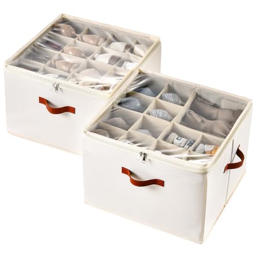 INSTY Shoe Organizer for Closet, 2 Pack Foldable Shoe Storage Containers, Fits up to 16-32 Pairs, Adjustable Dividers for Shoe Organizer, Fabric Shoe Storage Bins with Clear Cover, Beige - color: Beige