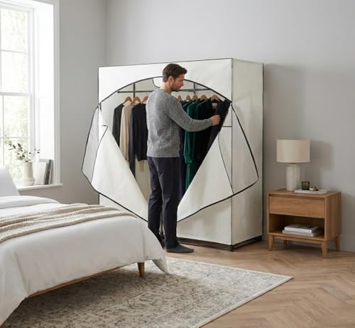 HOLDN’ STORAGE Portable Wardrobe Closet - 65 lb Large Capacity, Internal Heavy Duty Metal Rod, Zipper & Clear Window, Durable Clothes Organizer, Tool-Free Easy Assembly, White Canvas Cover - color: White, size: Large