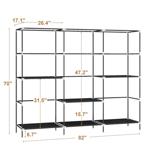 MOGELAFOO 83" Closet Wardrobe, Portable Closet for Bedroom, Freestanding Clothes Rack with Non-Woven Fabric Cover, 5 Hanging Rods, 6 Storage Shelves, Clothes Storage Organizer, Black