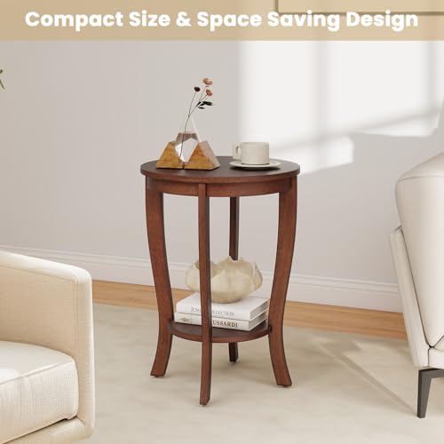 GOFLAME 2-Tier Round End Table, 18” Sofa Side Table with Storage Shelf, Floor Tea Table with Solid Wood Legs, Compact Nightstand for Small Space, Living Room, Bedroom, Walnut - color: Walnut