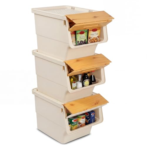 Giantex Plastic Stackable Storage Bins with Lids & Wheels, 3 Pack Open Front Stacking Bins, Organizer Bins for Pantry, Kitchen, Laundry, Closet, Playroom, Bedroom Organization (35 QT) - color: White + Natural, size: 3 Pack, 35 QT