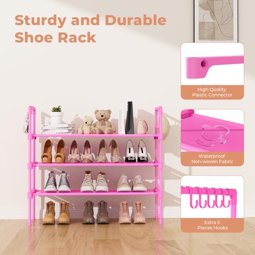 LANTEFUL 3 Tier Shoe Rack for Closet, Shoe Organizer with 5 Hooks, Long Shoe Shelf Storage for Shoe and Boot Stackable Free Standing Shoe Rack for Entryway, Garage, Small Spaces, Dorm, Pink - color: Pink, size: 27.8"W - 3 Tier
