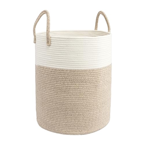 Woven Cotton Rope Laundry basket-15”X20” Laundry Hamper-Rope Storage Basket for Dirty Clothes, Toys and Blankets Perfect for Bathroom, Baby nursery and Living Room Storage (white and brown) - color: white and brown, size: regular