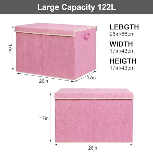 122L Large Toy Box Chest with Lid, Foldable Toy Storage Organizer Bin Boxes with Removable Divider for Kids, Boys, Girls, Nursery, Playroom, 26"x17" x17"(Linen Pink) - color: Extra Large Pink
