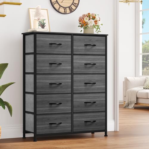 YITAHOME 10 Drawer Dresser - Fabric Storage Tower, Organizer Unit for Living Room, Hallway, Closets - Sturdy Steel Frame, Wooden Top & Easy Pull Fabric Bins - color: Cool Black Wood Grain, style: 10-Drawer