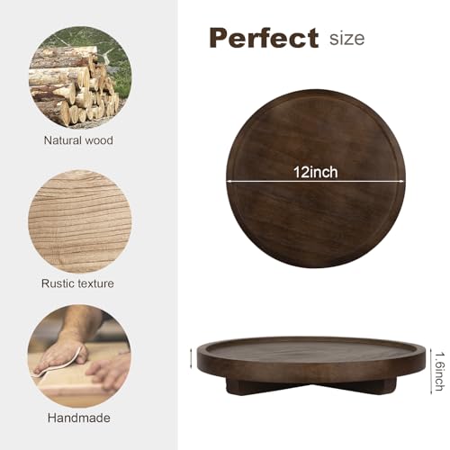 Round Decorative Tray Wood Bathroom Counter Organizer Farmhouse Kitchen Decor Wooden Riser for Soap Dish, Perfume, Candle, Sponge, 12" - Walnut - color: Walnut, size: 12"