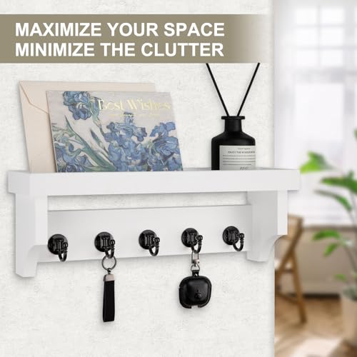 Key and Mail Holder Wall Mount, Key Holder with Shelf and Mail Organizer Wall Mount. Mail Holder with 5 Hooks for Coat, Dog Leash, Home Decor Rack, Entry Way Organizer (White) - color: White
