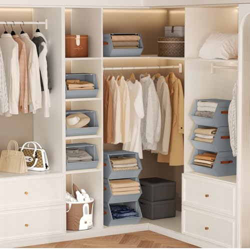 Stackable Closet Organizers and Storage Bins, Open Front Closet Shelf Organizer System With Steel Frame, Clothes Storage Basket Fabric, Collapsible Closet Drawers for Wardrobe, Nursery ,Toy, 4 Pack - color: Grey, size: 11.4 x 12.6 x 9.8. - 4 Pack