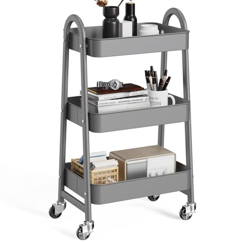 OLIXIS Metal 3 Tiers Utility Rolling Cart, Mobile Storage Shelf with Lockable Caster Wheels, Organization for Livingroom, Bathroom & Narrow Places, Gray - color: 3-tiered Gray, size: 3-Tiered 17 inches