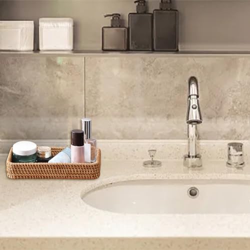 8in Rattan Bathroom Vanity Tray, Vintage Storage Basket Bin Toilet Paper Basket Small Narrow Guest Towel Napkin Holder for Bathroom Toilet Tank Vanity Countertop(Color:Brown)