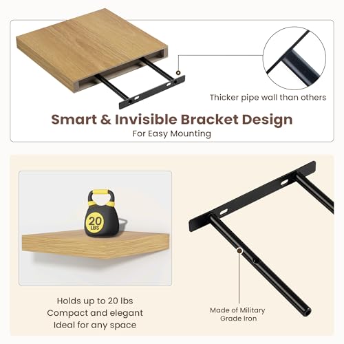 Fun Memories Square Floating Shelves for Wall - 9.3 Inch Deep Floating Shelves with Invisible Brackets, Oak Small Wall Shelf for Living Room, Bathroom, Bedroom, and Kitchen Decor Set of 4 - color: Oak, size: 9.3"W x 9.3"D - 4P