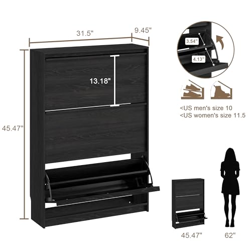 Shoe Cabinet with 3 Flip Drawers, 31.5" W Narrow Shoe Storage Cabinet for Entryway, Slim Shoe Organizer with Adjustable Shelves, Freestanding Shoe Rack for Hallway, Living Room, Black - color: Black, size: 9.45"D x 31.5"W x 45.47"H