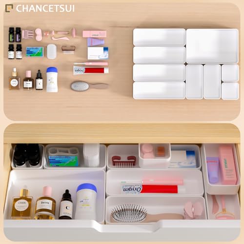 9 Pcs Stackable Drawer Organizer Trays Set, Multifunctional Stackable Storage Trays for Vanity, Bathroom, Kitchen, Desk Drawer Organizer Office. Plastic Drawer Organizers Available In 5 Colours, White - color: 9-4White