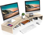 FITUEYES Dual Monitor Stand – 3 Shelf Computer Monitor Riser, Wood Desktop Stand with Adjustable Length and Angle, Desk Accessories, Office Supplies Medium Oak, DT108006WO - color: Oak