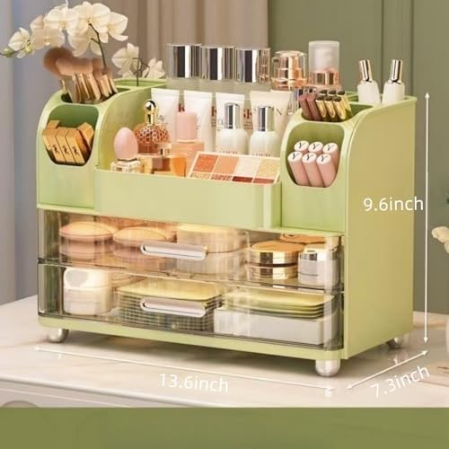 Makeup Organizer with Drawers for Vanity,Bathroom Countertop Organizer with Brushes Holder,Skincare Storage Organizer,Perfect Cosmetic Display Case for Skincare,Lipstick and Beauty Essential (Green) - color: Green