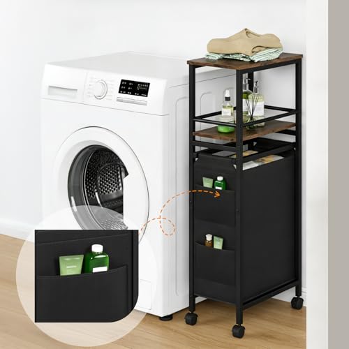 Slim Laundry Hamper with Shelf,40L Rolling Laundry Basket with Wheels,Laundry Sorter with Side Pockets and Removable Bags for Samll Space,Laundry Room,Bedroom,Bathroom