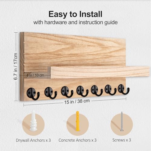 Lwenki Key Holder Wall Mount, Entryway Key and Mail Holder with 7 Sturdy Hooks for Sunglasses, Dog Leash, Decorative Wall Shelf with Mounting Hardware, 15”W x 6.7”H x 4.2”D (Wood) - color: Wood