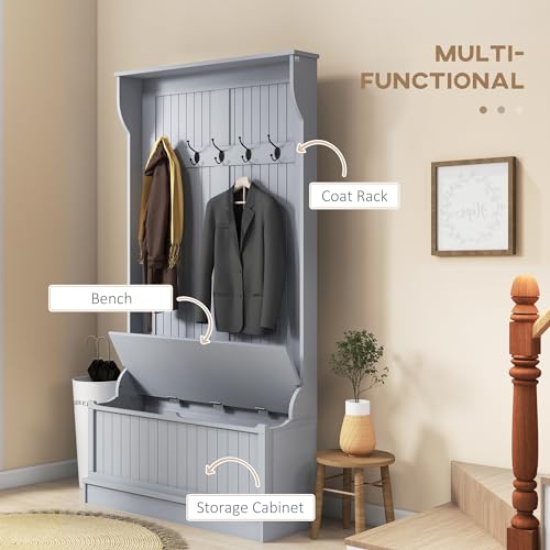 HOMCOM Hall Tree with Bench and Shoe Storage, 3-In-1 Entryway Bench with Coat Rack, 5 Hooks and Flip Top Storage Compartment, Gray - color: Grey, size: 38"