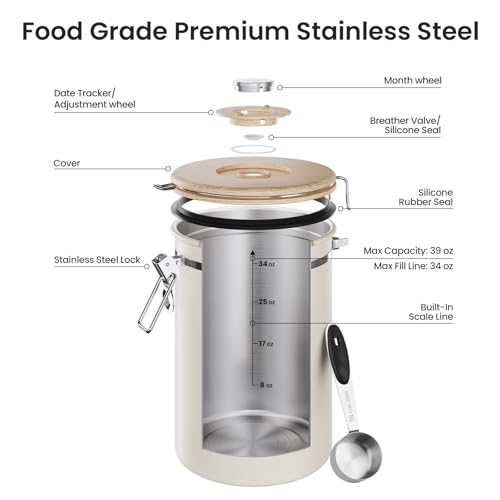 Veken Coffee Canister, 39OZ Large, Mothers Day Gifts For Women, Airtight Stainless Steel Food Storage Container for 2.2lbs Coffee Beans, Ground, Sugar, Tea, Flour, Cereal,Kitchen Bar Accessories,Cream - color: Cream, size: 39 oz