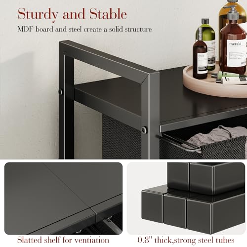Kitstorack Laundry Basket Organizer, Laundry Hamper with Shelf & 2 Pull-Out Removable Bags, Dirty Clothes Hamper Organizer for Laundry Room Bathroom and Dorm, 2 x 11.8 gallons (44.5L) - color: Black, size: 2 Bags(28.4"L x 12.6"W x 27.6"H)