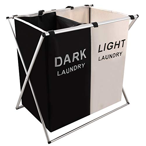 Nicesail Laundry Basket 2 Section Hamper Washing Storage Basket Bag, Folding Hamper Waterproof & Aluminum X-Frame, Cloth Organizer Durable Laundry Basket for Bathroom Home with Carrying Handle - size: 2 sections