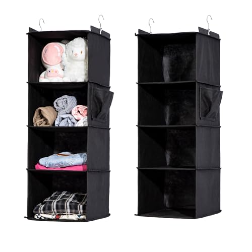 2 Packs Hanging Closet Organizer, 4-Shelf Closet Organizers and Storage with Side Pockets, Collapsible Hanging Shelves for Closet & RV & College Dorm,Black - color: Black, size: 2 # 4 Shelves