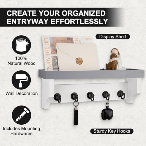 Key and Mail Holder Wall Mount, Key Holder with Shelf and Mail Organizer Wall Mount. Mail Holder with 5 Hooks for Coat, Dog Leash, Home Decor Rack, Entry Way Organizer (Gray & White) - color: Gray & White