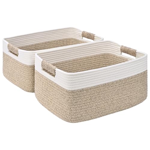 2 Pack Large Storage Basket for Organizing, 17.5"x13"x7" Woven Basket for Shelves, Closet Cube Storage Bins with Wrapped Handle, Cotton Rope Baskets for Kitchen, Clothes, Toys(Off White & Brown) - color: Off White & Brown, size: 2 Pack